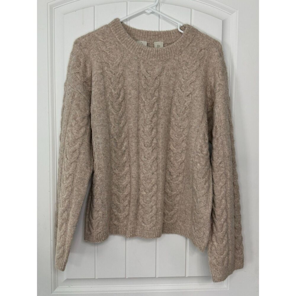 Joie NWOT Quiet Luxury Cable Knit Crewneck Sweater Tan Oatmeal Coastal Preppy
